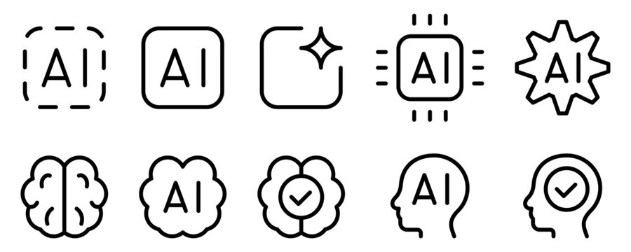 Set of 10 AI icons with editable stroke | artificial intelligence linear web icons, featuring brain, processor chip, and head symbols in minimal line style.