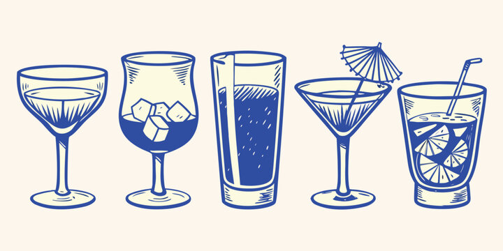 set of five hand drawn cocktail glasses in blue line art illustration