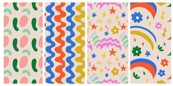 set of four colorful vector patterns on beige background design abstract art