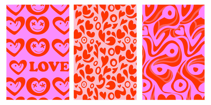 three psychedelic pattern panels in vibrant pink patterns heart shapes smiley faces