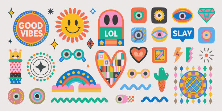 90s retro pop art vector stickers on white background good vibes lol
