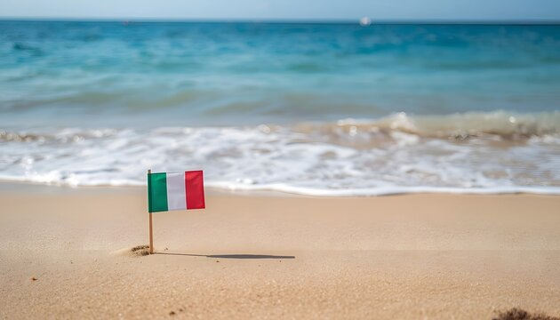 Ferragosto Italian beach scene with flag on sandy shore by turquoise sea