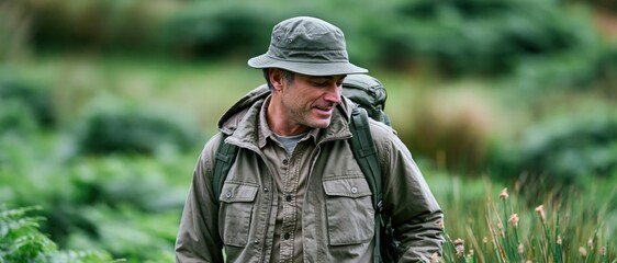 Obraz premium A middle-aged man dressed for hiking enjoys a serene moment while exploring lush, green surroundings, showcasing the beauty of nature and the joys of adventure.