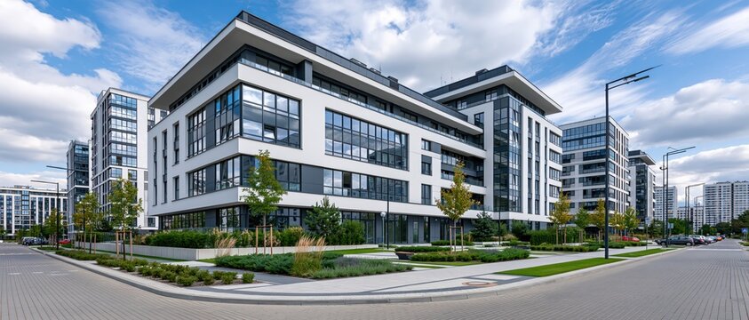 A contemporary urban complex featuring sleek architectural designs and vibrant landscaping, illustrating modern living spaces that emphasize sustainability and aesthetic beauty.