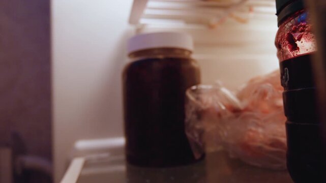 Jar of red jam in fridge, home cook stores homemade preserve in glass jar on shelf dim interior light, condensation on lid, plasticwrapped leftovers beside jar, rustic kitchen mood and closeup texture