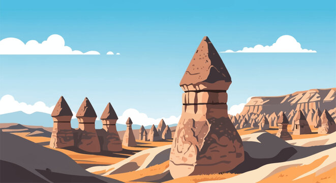 Detailed vector illustration of fairy chimney hoodoos and volcanic rock cone formations in an arid desert canyon landscape under a clear blue sky with white clouds in Anatolia.