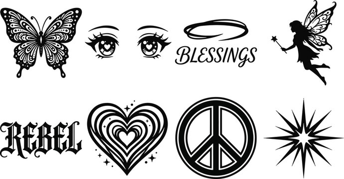 Y2k aesthetic tattoo icons set featuring butterfly anime eyes blessings halo fairy rebel text striped heart peace sign and starburst vector illustration