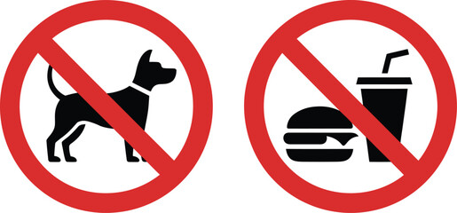 No pets allowed and no eating or drinking restriction sign collection showing a forbidden puppy hamburger and soda cup © ASDF