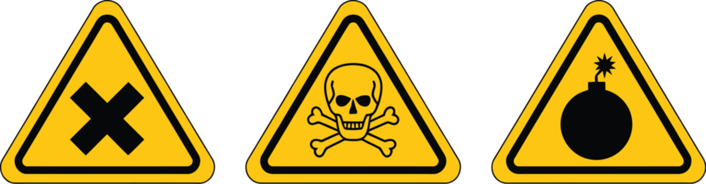 Industrial safety alert icons collection showing toxic poison danger sign harmful chemical cross emblem and explosive weapon risk triangle