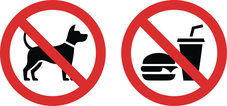 No pets allowed and no eating or drinking restriction sign collection showing a forbidden puppy hamburger and soda cup