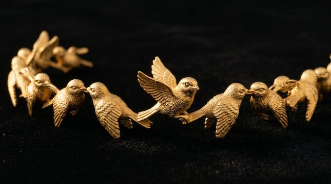 A bracelet whose links are tiny golden birds, beaks holding the next link, forming a chain