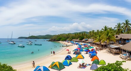 Obraz premium Colorful beach scene with families enjoying summer day.