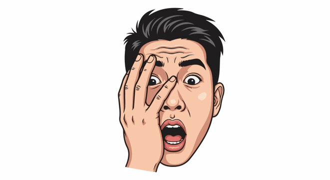 A close-up of a person&rsquo;s startled face with their hand covering one eye, mouth agape in surprise