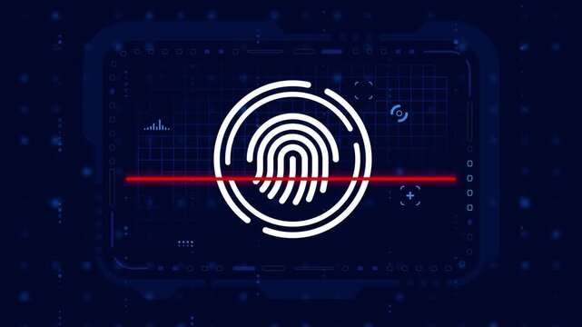 Biometric fingerprint scan animation with futuristic HUD interface. Cyber security access granted concept with green checkmark on dark