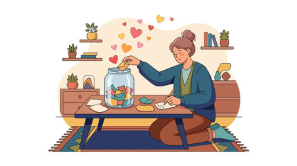 Fototapeta premium Flat vector illustration of a young woman kneeling by a low table, writing notes and placing them into a glass jar filled with paper envelopes and floating heart symbols.