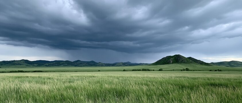A vast green landscape under a dark and foreboding sky, showcasing the beauty of nature amidst an approaching storm with majestic mountains in the background.