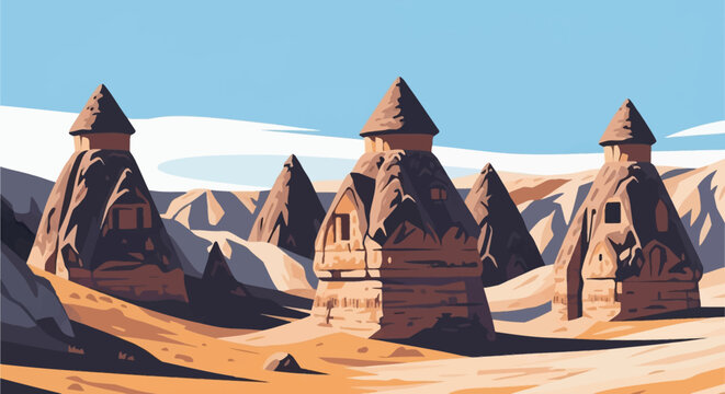 Vector illustration of conical fairy chimney rock formations and volcanic tuff dwellings with carved windows in an arid desert landscape under a clear blue sky, Cappadocia style.