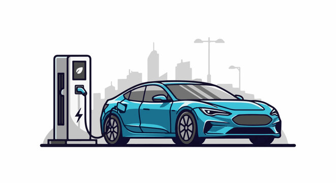 Modern blue electric vehicle charging at a city station with a skyline backdrop