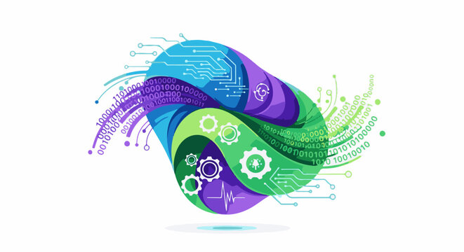 Abstract digital flow with binary code, circuits, and gears