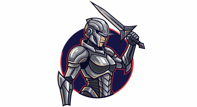 A female warrior in silver armor raises her sword, embodying strength and protection