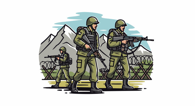 Three armed soldiers in uniform march forward on a rocky terrain with mountains behind