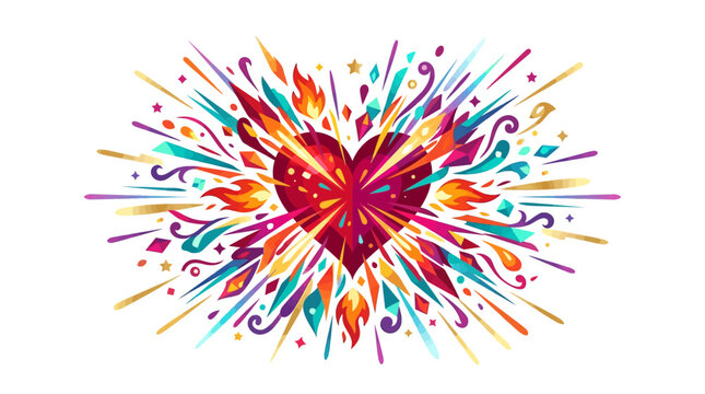 Flat vector illustration featuring a central red heart exploding with colorful fire flames, crystalline gems, stars, and abstract swirling shapes on a white background.