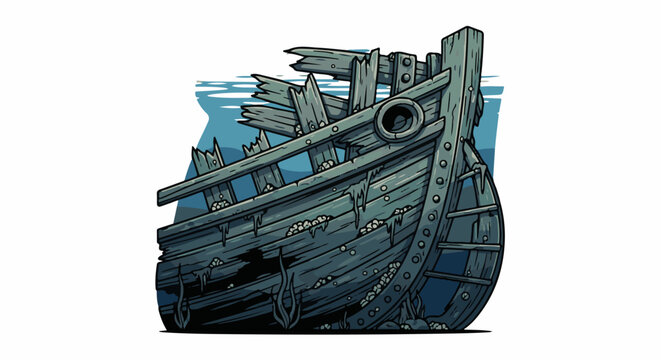 Dilapidated wooden ship hulk rests partially submerged in blue water, showing decay and barnacles