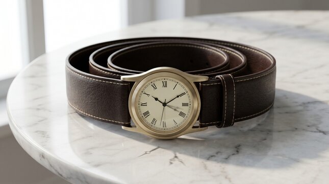 A belt curled on a table, the buckle a tiny clock that chimes silently, hands moving