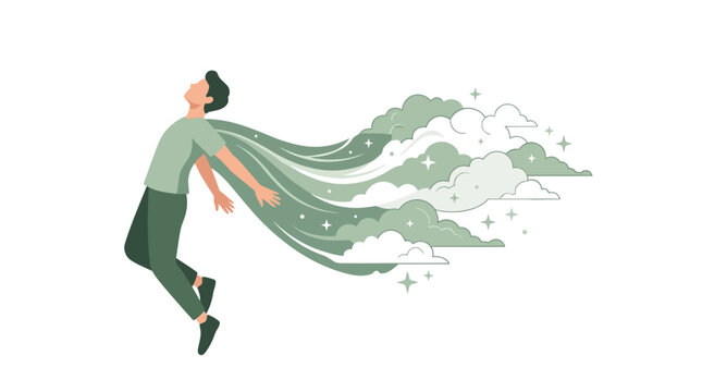 Flat vector illustration of a man floating or falling backwards with a flowing green trail of clouds and stars extending from his back against a white background.