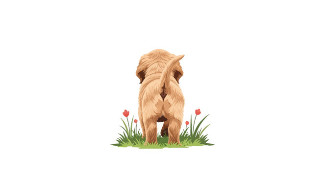 Vector illustration showing the back view of a fluffy golden retriever puppy standing in green grass with small red tulips, isolated on a plain white background.