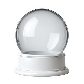 A clear glass snow globe on a white base against a black background on transparent background