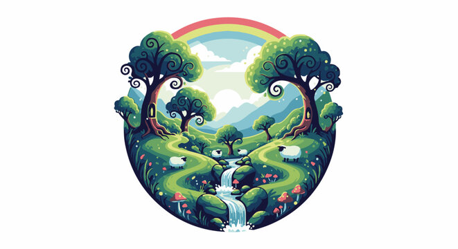 A whimsical pixel art landscape featuring fluffy sheep grazing near a cascading stream, framed by whimsical trees and a rainbow