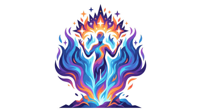 2D flat vector illustration of a human silhouette emerging from vibrant blue and orange flames with a crown of stars, depicting spiritual energy isolated on white background.