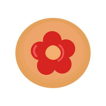 Sweet jam cookie on white background. Round shortbread biscuit with fruit jam flower shaped filling decoration