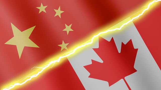 Two waving flags China and Canada with diagonal lightning seamless, 4k loop