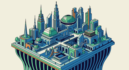 Obraz premium A pixel art isometric city with futuristic architecture, domes, and towers