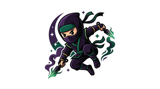 Purple and green cartoon ninja mascot in a dynamic mid-air jumping pose holding two kunai daggers with glowing energy, featuring a crescent moon and smoke on a white background.