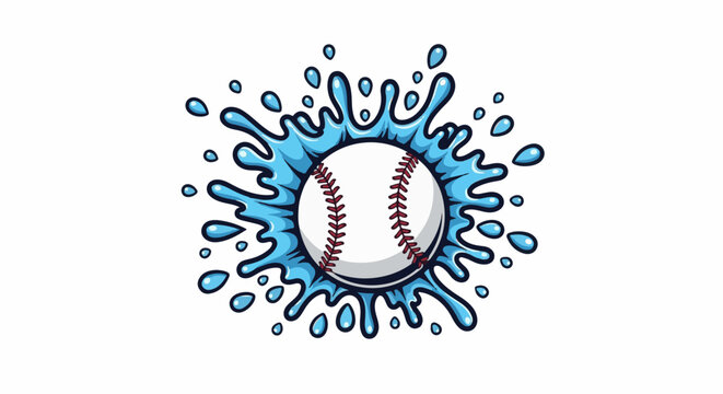 A white baseball with red stitching is splashing through blue water droplets