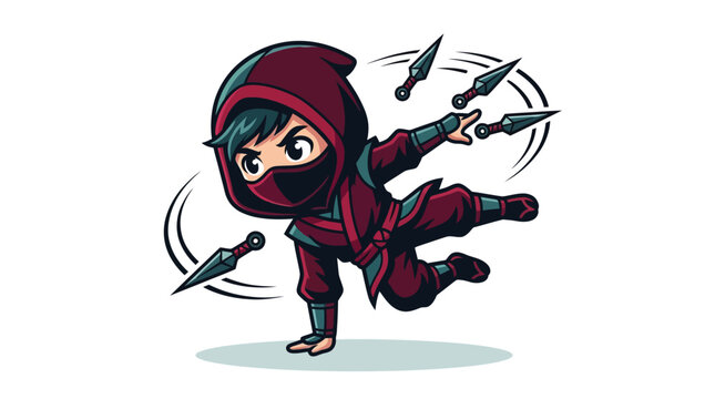 Vector illustration of a cute chibi ninja character wearing a dark red and black hooded suit and mask, throwing kunai knives in an action combat pose on a plain white background.