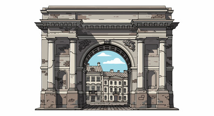 Naklejka premium Ancient stone archway revealing city buildings under a cloudy sky