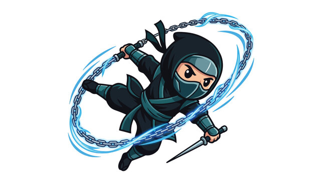 Flat vector illustration of a cartoon ninja in black and teal shinobi attire wielding a metal chain weapon with blue energy aura trails and holding a kunai dagger, isolated on a white background.