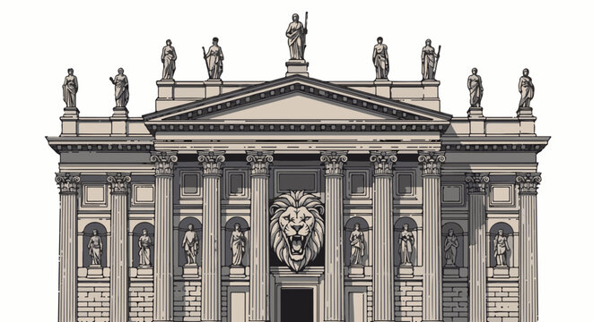 Grand classical facade with statues and a prominent lion's head carving