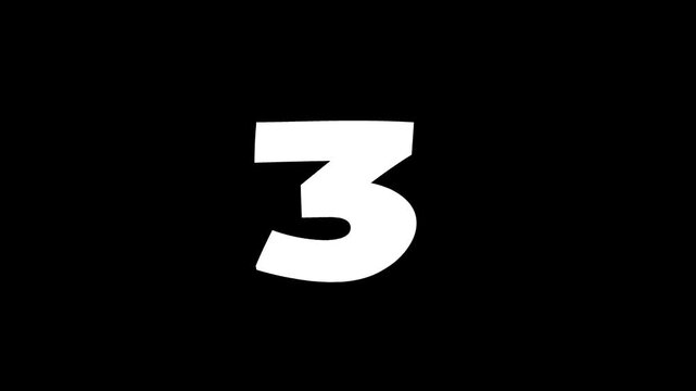 Animated countdown from 3 to 1 with black and white background inversion. Stylized rhythmic numeric timer loop, motion graphics