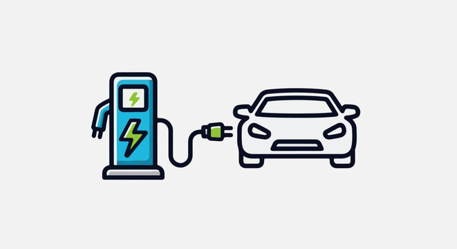White electric car plugged into a blue charging station