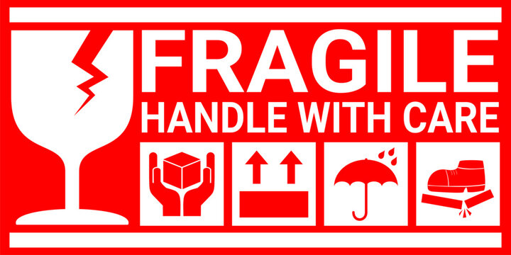fragile warning set in red and white. sticker for packaging. handle with care, keep dry, this side up packaging label.