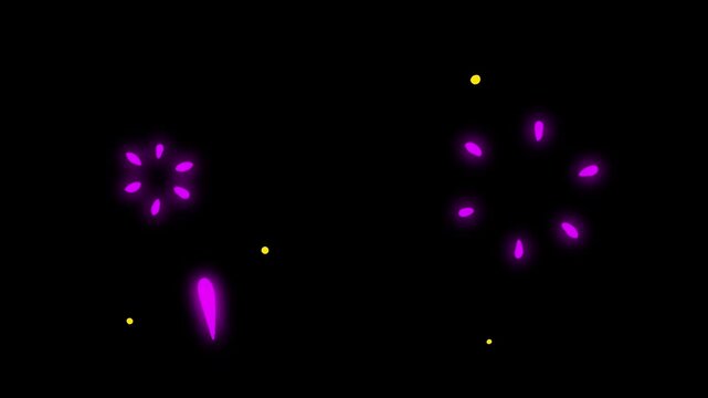 Animated simple colorful fireworks exploding with dot bursts on black. Minimalist festive celebration fireworks overlay, motion graphics