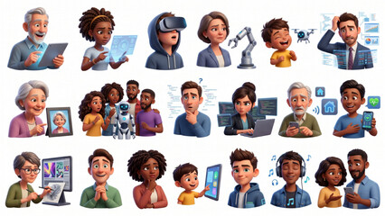 Fototapeta premium Emotional Journey Through Artificial Intelligence Avatar Collection Diverse Human Reactions and Expressive 3D Portrait Characters