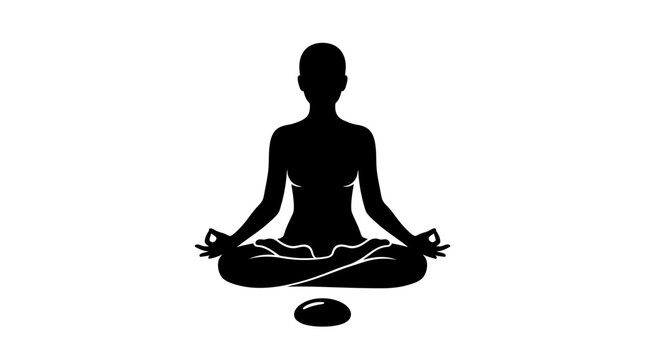 Black silhouette of a person sitting in a cross-legged lotus yoga pose for meditation and mindfulness practice, featuring gyan mudra hand gestures on a solid white background.