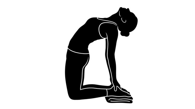 Minimalist black and white vector silhouette of a female yoga practitioner performing the camel pose known as ustrasana kneeling backbend isolated on a plain white background for fitness.
