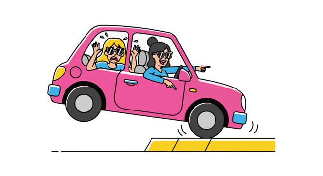 Two cartoon women in a pink car, one driving confidently, the other scared as they hit a curb